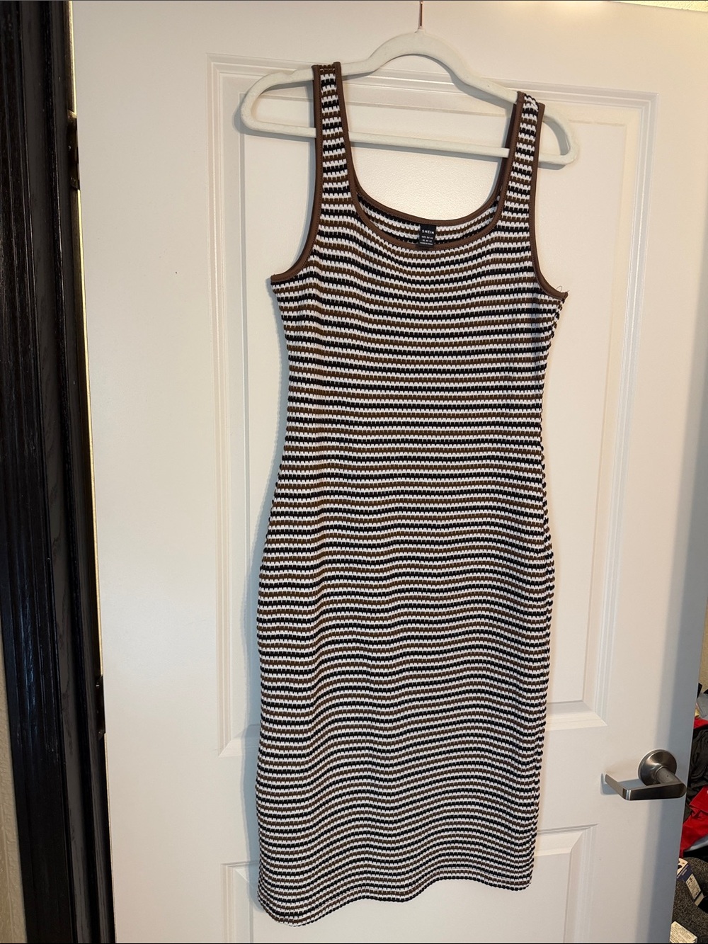 Striped Knit Tank Dress in Black, Brown and White